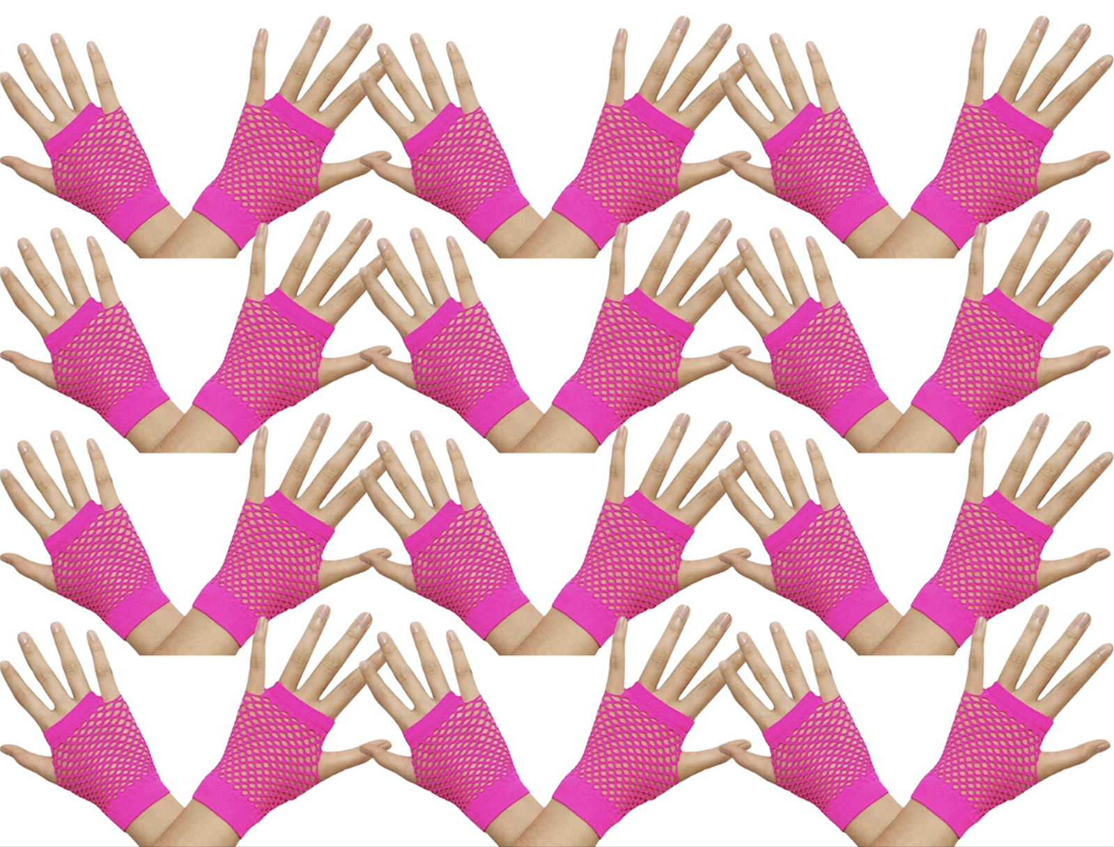 12 Pair Fishnet Gloves Fingerless Wrist Length 70s 80s Costume Party - Hot Pink Secondary image