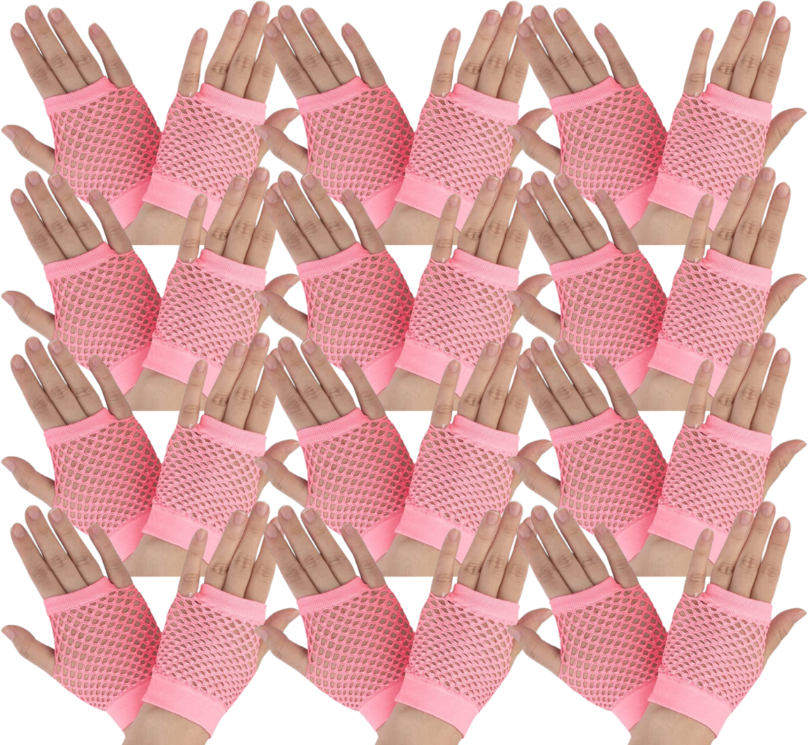 12 Pair Fishnet Gloves Fingerless Wrist Length 70s 80s Costume Party -Light Pink Main image