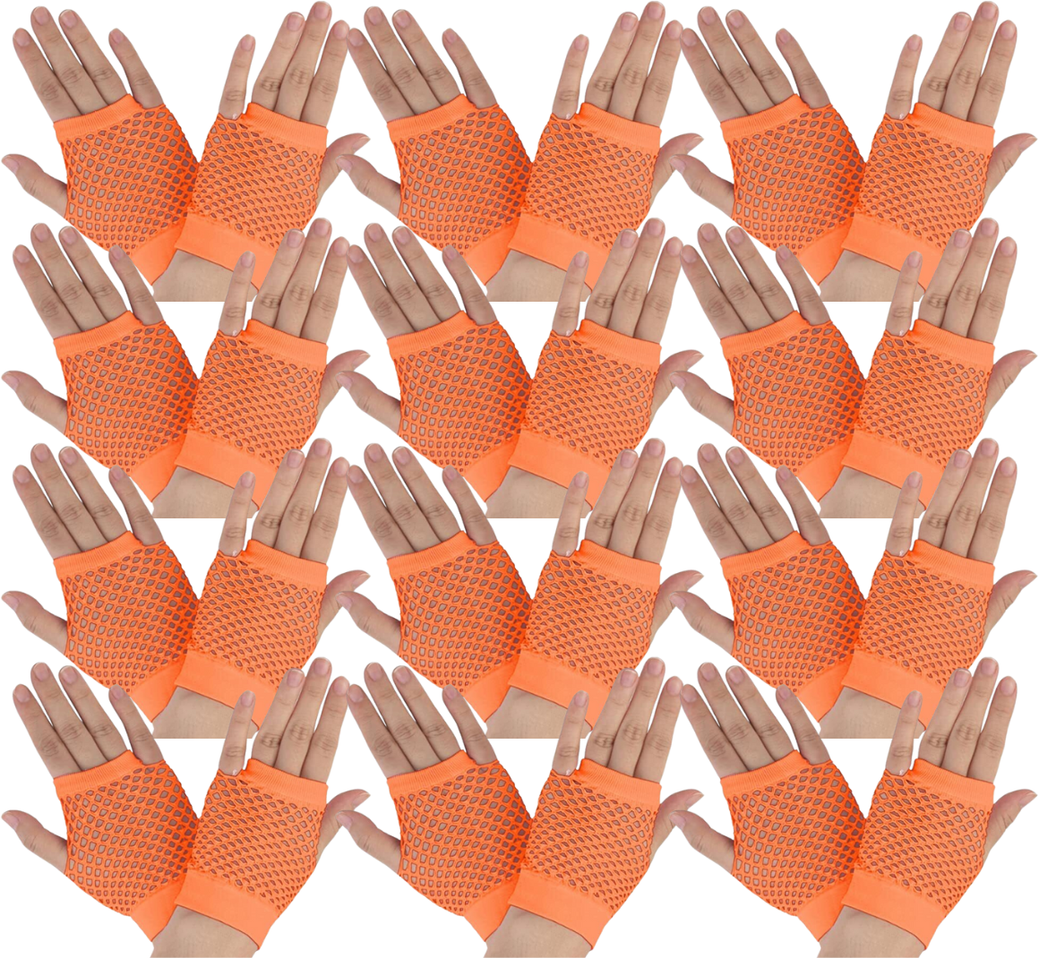 12 Pair Fishnet Gloves Fingerless Wrist Length 70s 80s Costume Party - Orange Secondary image