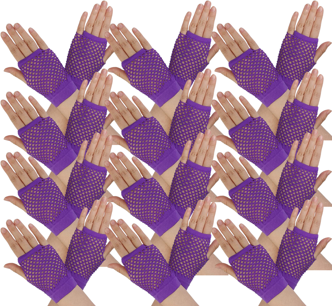 12 Pair Fishnet Gloves Fingerless Wrist Length 70s 80s Costume Party - Purple Secondary image