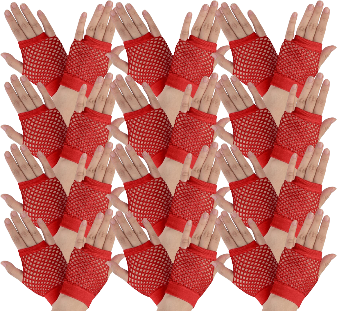 12 Pair Fishnet Gloves Fingerless Wrist Length 70s 80s Costume Party Bulk - Red Secondary image