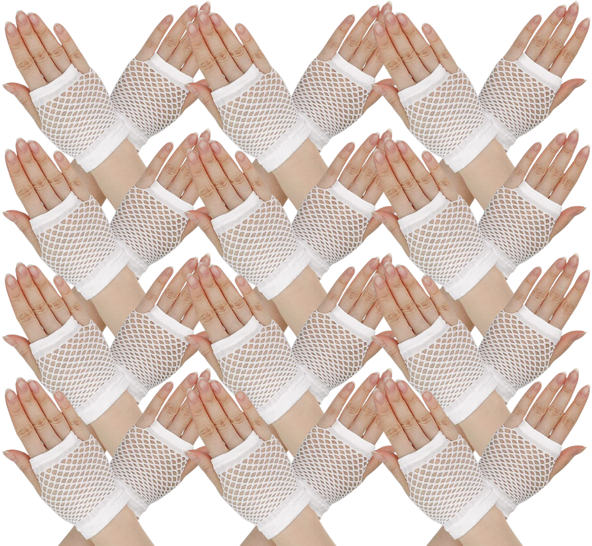 12 Pair Fishnet Gloves Fingerless Wrist Length 70s 80s Costume Party - White Secondary image