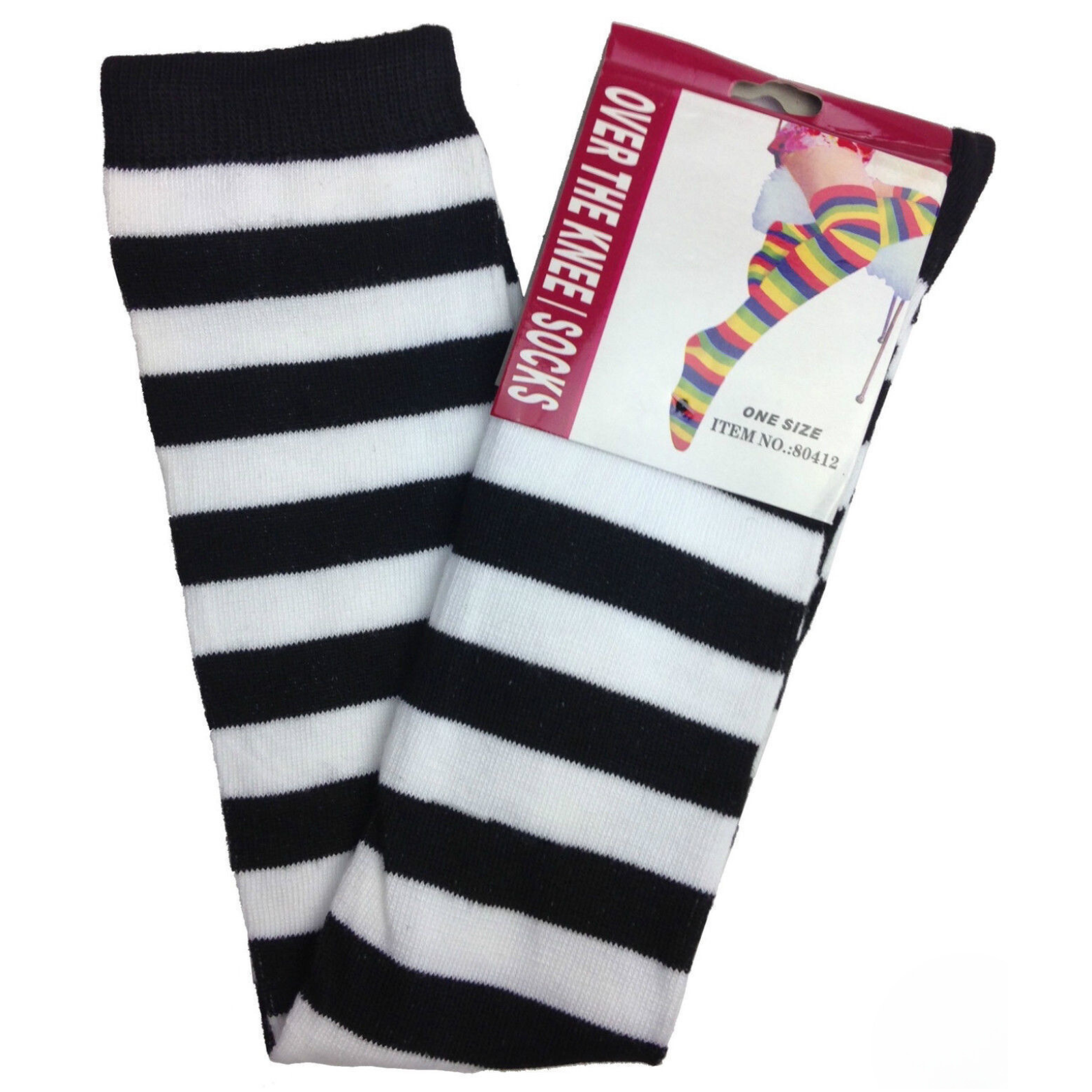 OVER THE KNEE SOCKS Plain Striped High Thigh Ladies Long Womens Stripey Stocking - Black/White Secondary image