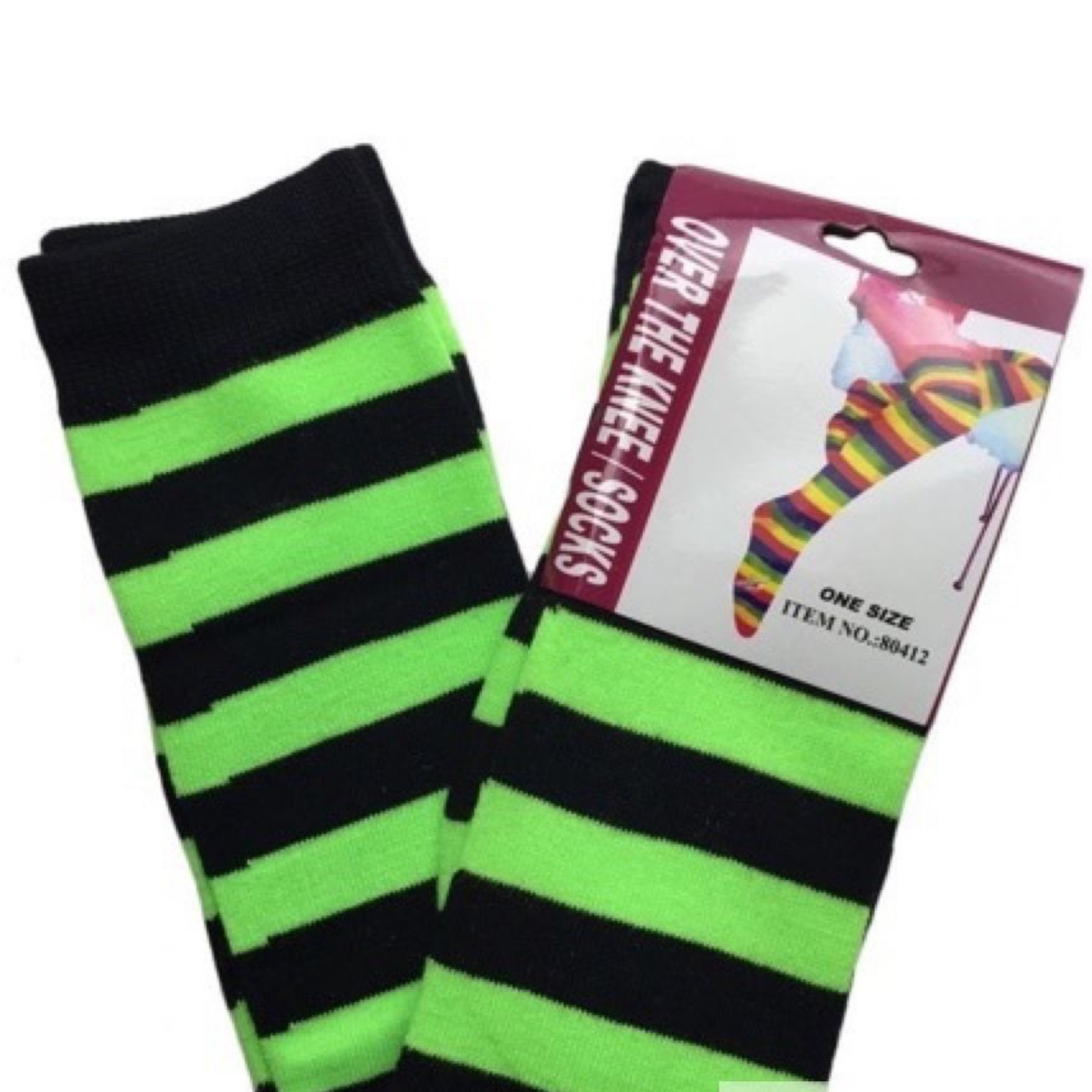OVER THE KNEE SOCKS Plain Striped High Thigh Ladies Long Womens Stripey Stocking - Green/Black Main image