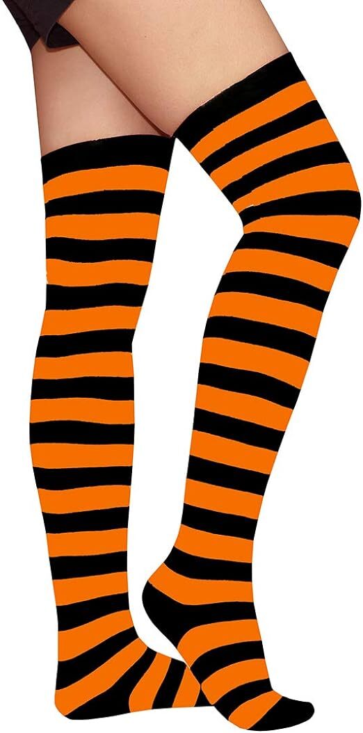 OVER THE KNEE SOCKS Plain Striped High Thigh Ladies Long Womens Stripey Stocking - Orange/Black Secondary image