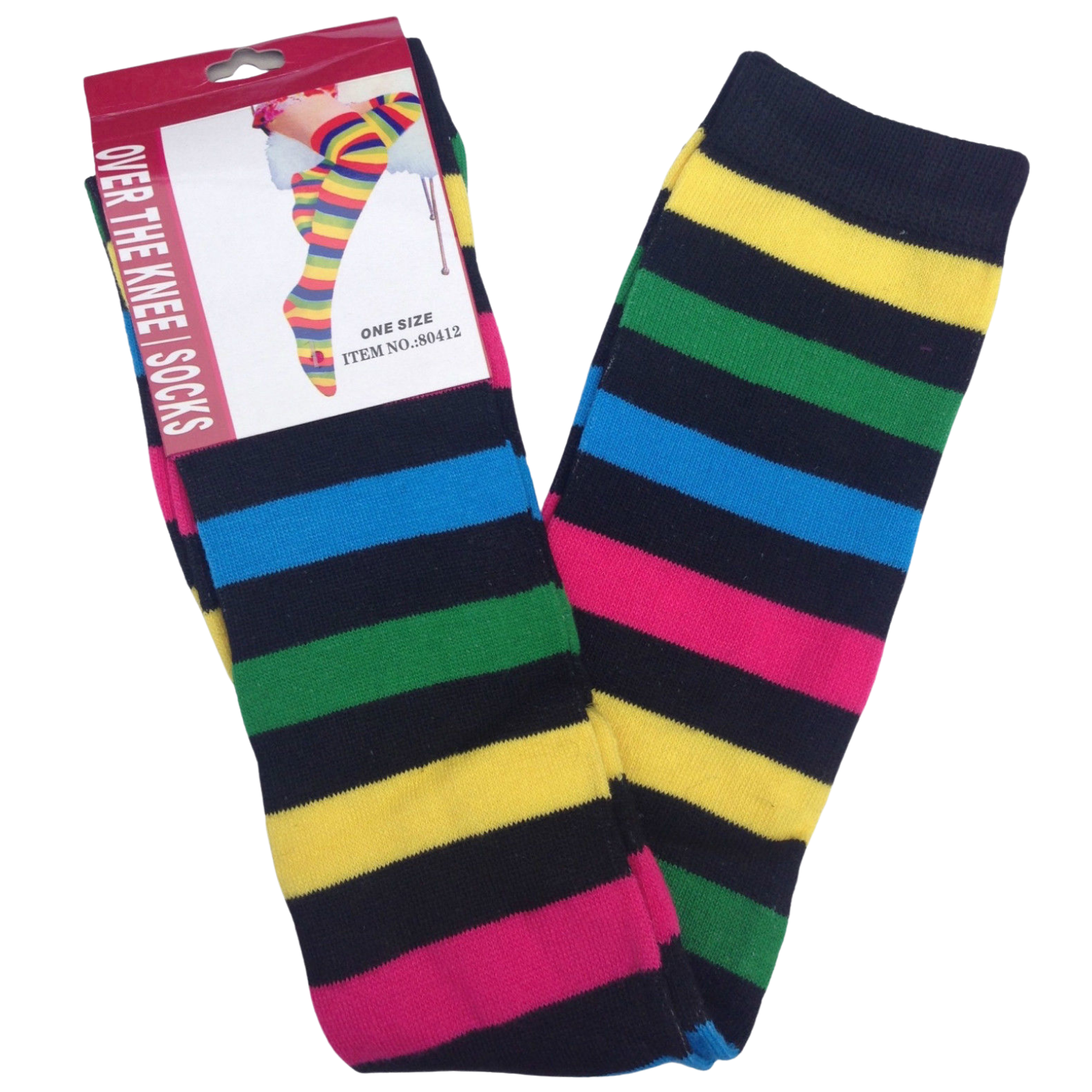 OVER THE KNEE SOCKS Plain Striped High Thigh Ladies Long Womens Stripey Stocking - Rainbow with Black Stripe Main image