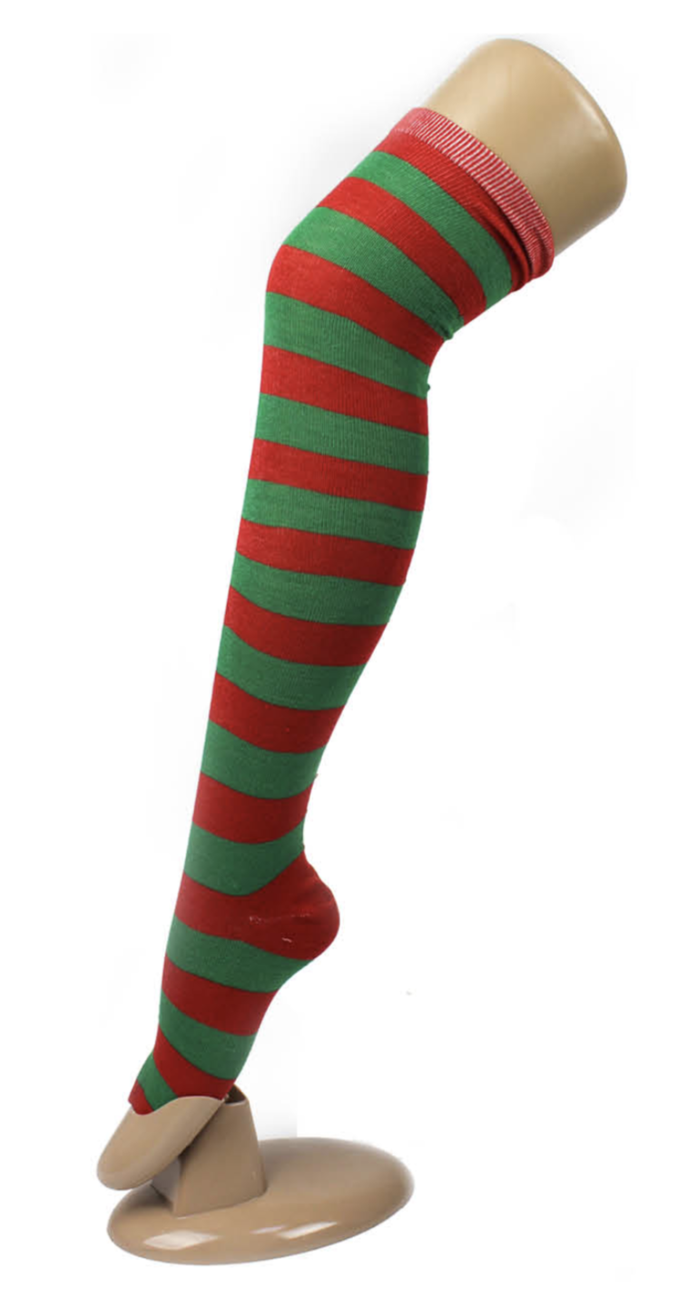 OVER THE KNEE SOCKS Plain Striped High Thigh Ladies Long Womens Stripey Stocking - Red/Green Secondary image