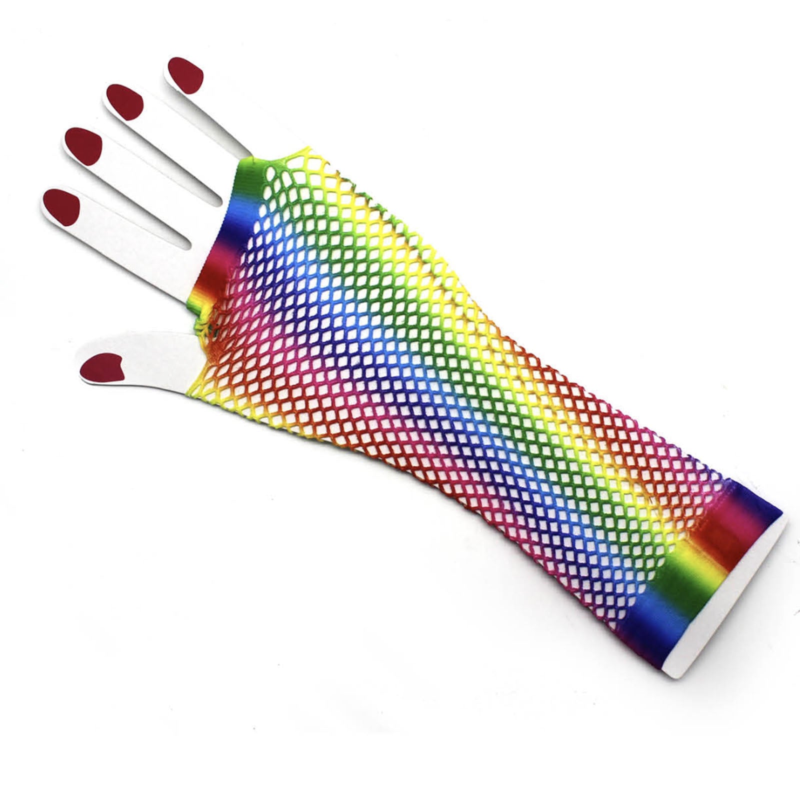 Rainbow Stripe Fishnet Fingerless Gloves 80s Costume Burlesque Dance Mardi Gras Main image