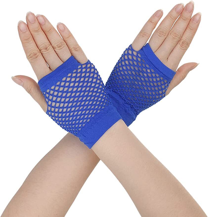 1 Pair Fishnet Gloves Fingerless Wrist Length 70s 80s Costume Party Dance - Blue Secondary image