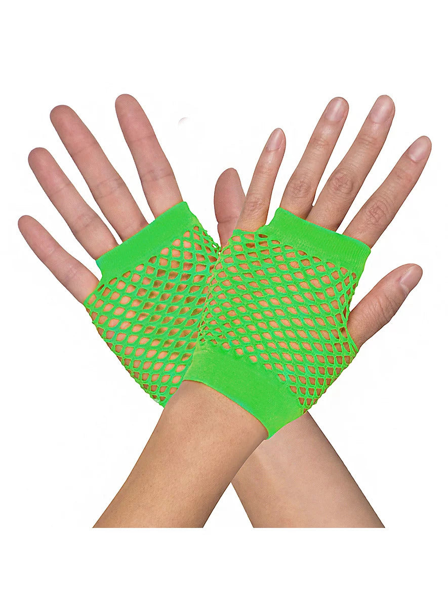 1 Pair Fishnet Gloves Fingerless Wrist Length 70s 80s Costume Party - Neon Green Main image