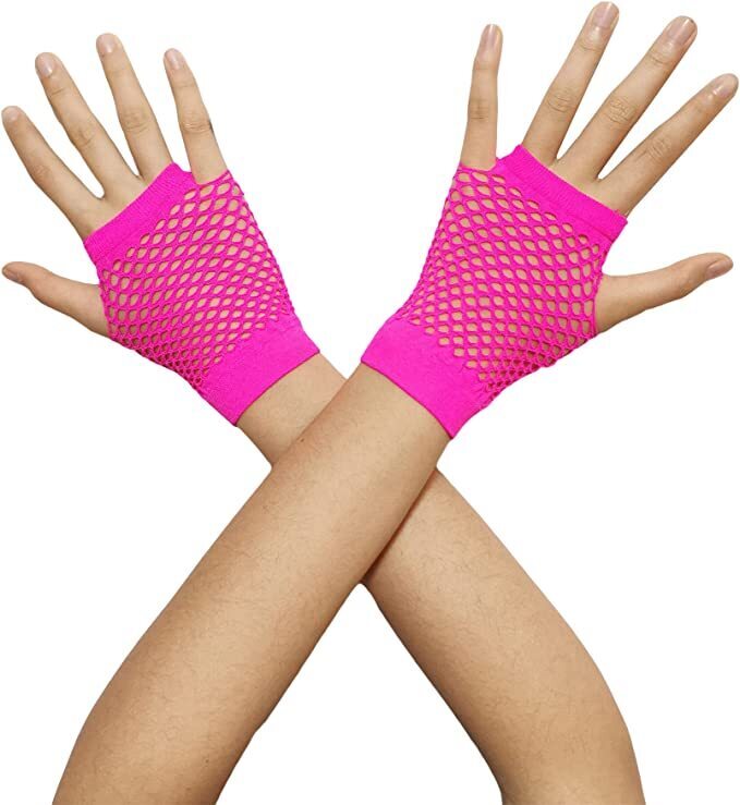 1 Pair Fishnet Gloves Fingerless Wrist Length 70s 80s Costume Party - Hot Pink Main image