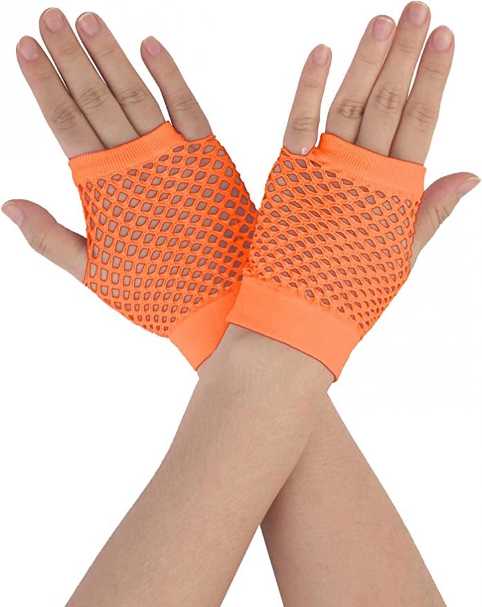 1 Pair Fishnet Gloves Fingerless Wrist Length 70s 80s Costume Party - Orange Secondary image