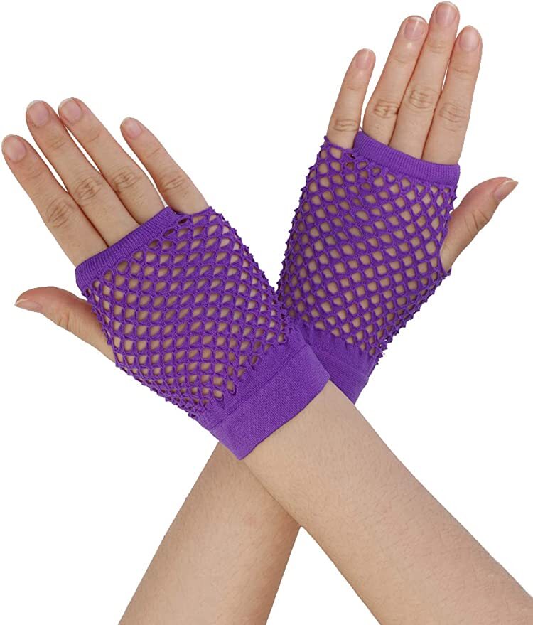 1 Pair Fishnet Gloves Fingerless Wrist Length 70s 80s Costume Party - Purple Main image