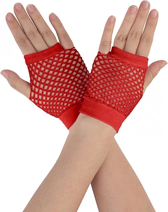 1 Pair Fishnet Gloves Fingerless Wrist Length 70s 80s Costume Party Dance - Red Secondary image