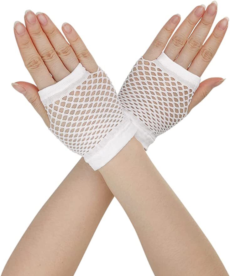 1 Pair Fishnet Gloves Fingerless Wrist Length 70s 80s Costume Party Dance -White Secondary image