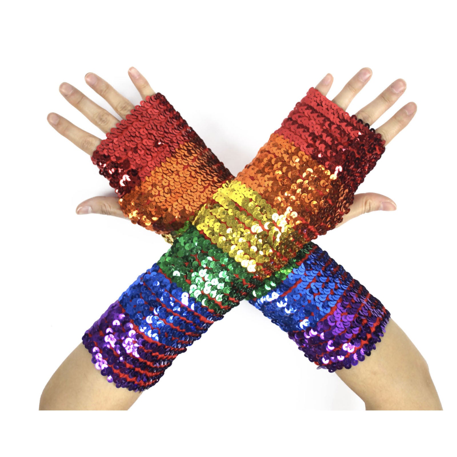 RAINBOW SEQUIN FINGERLESS GLOVES Mardi Gras Gay Pride LGBT Lesbian Party Secondary image