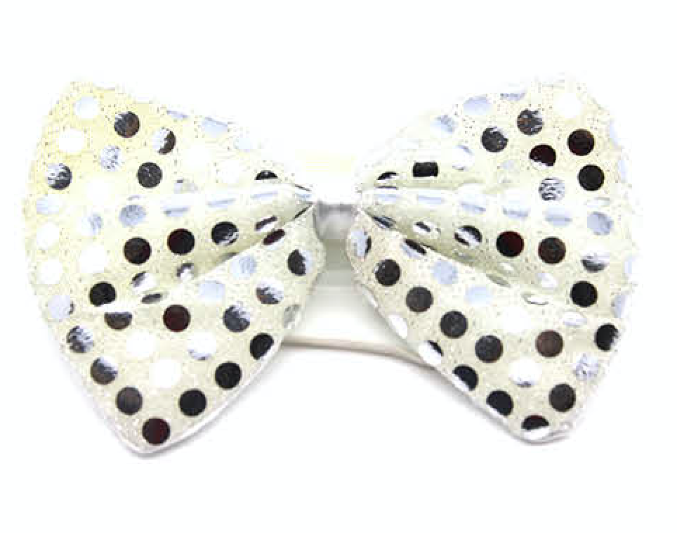 SEQUIN BOW TIE Polka Dots Bowtie Party Unisex Costume  13cm x 9cm Clown - White/Silver Main image