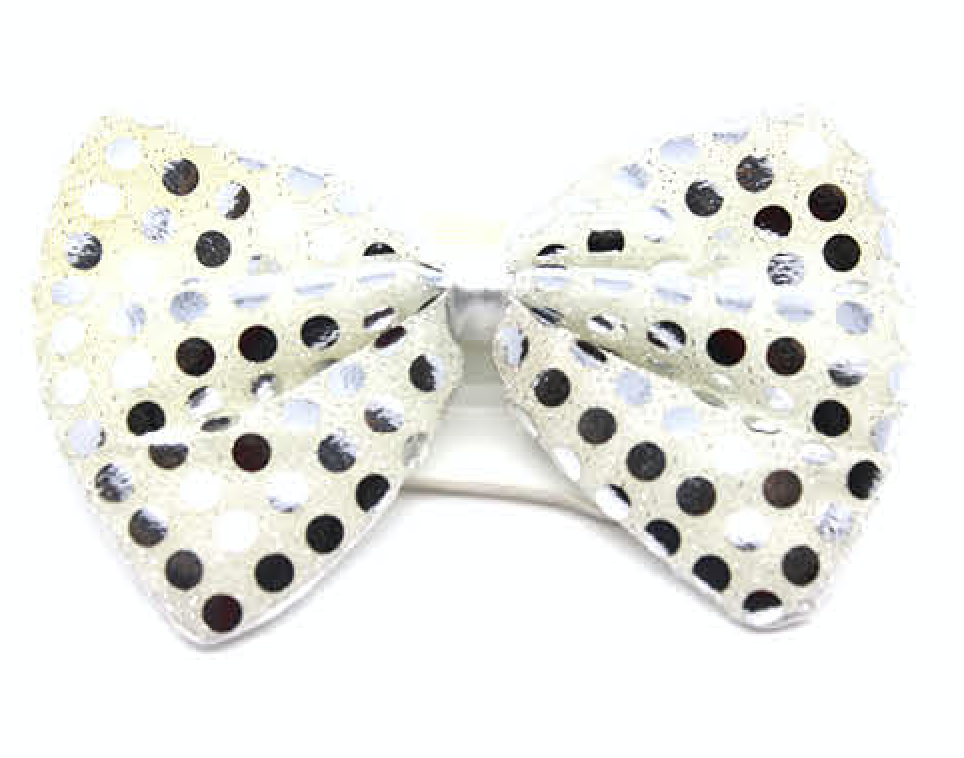 SEQUIN BOW TIE Polka Dots Bowtie Party Unisex Costume  13cm x 9cm Clown - White/Silver Secondary image