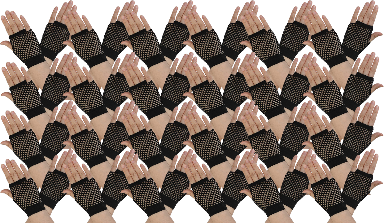 24 Pair Fishnet Gloves Fingerless Wrist Length 70s 80s Costume Party - Black Secondary image