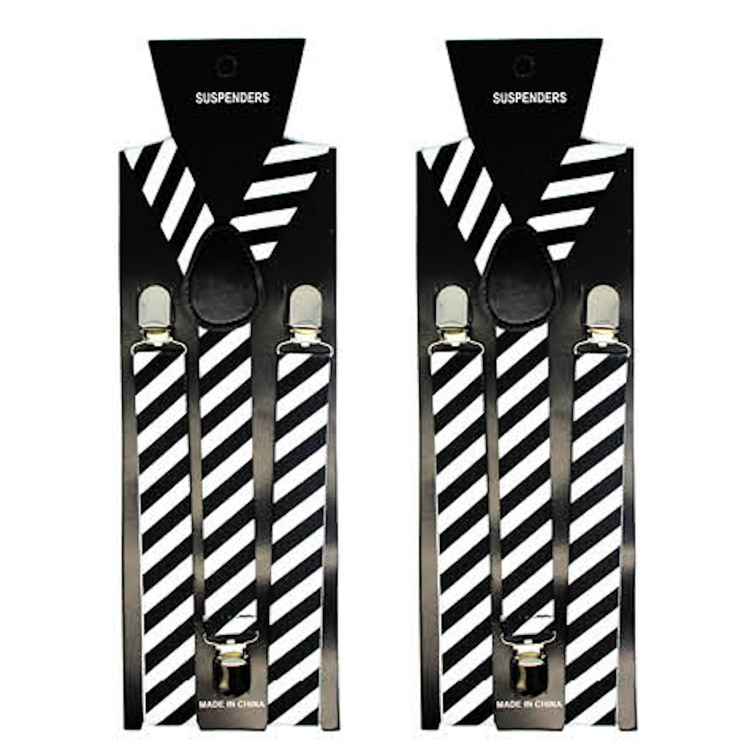 2x Mens Suspenders Braces Adjustable Strong Clip On Elastic Formal Wedding Slim - Black/White Diagonal Stripes Main image