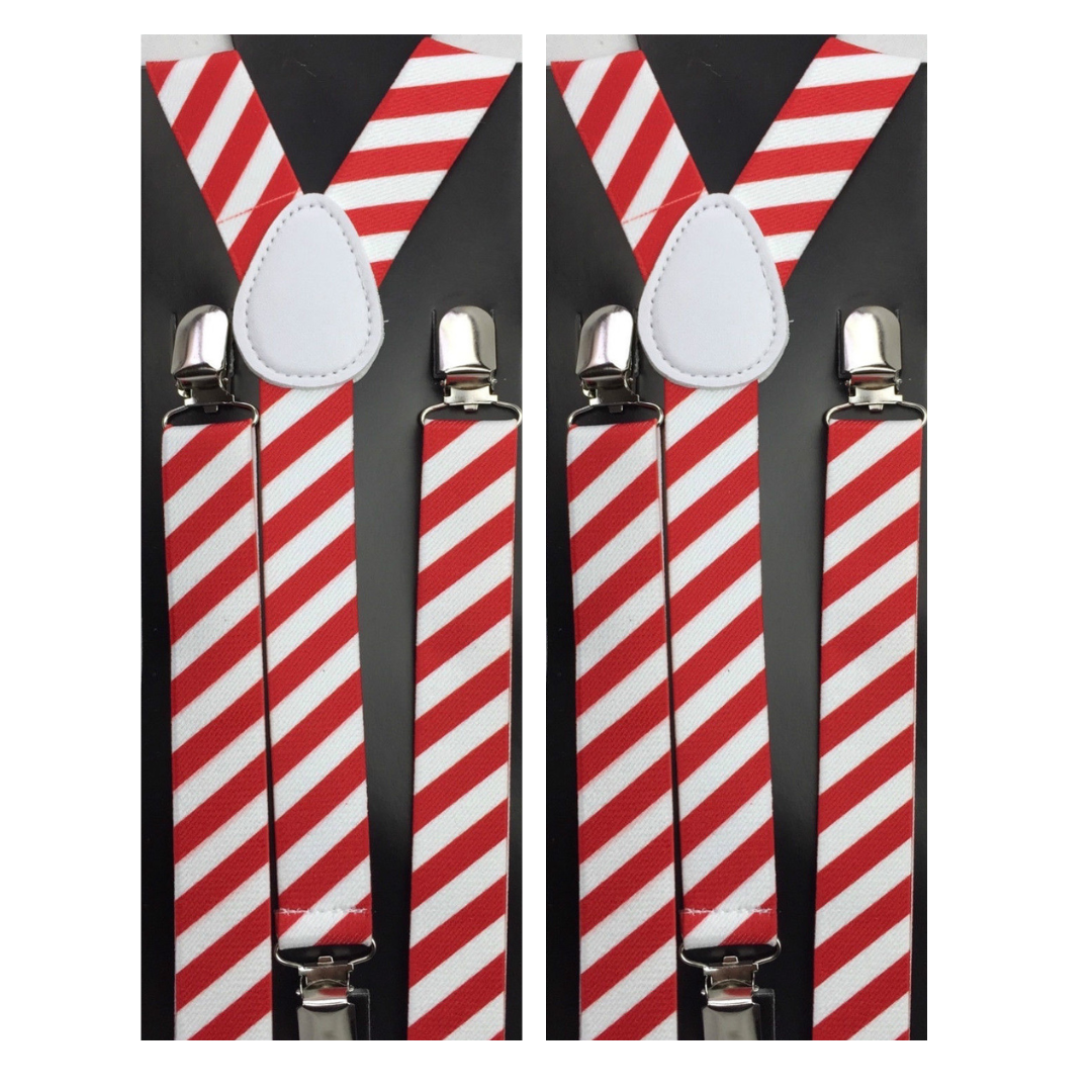 2x Mens Suspenders Braces Adjustable Strong Clip On Elastic Formal Wedding Slim - Red/White Diagonal Stripes Secondary image