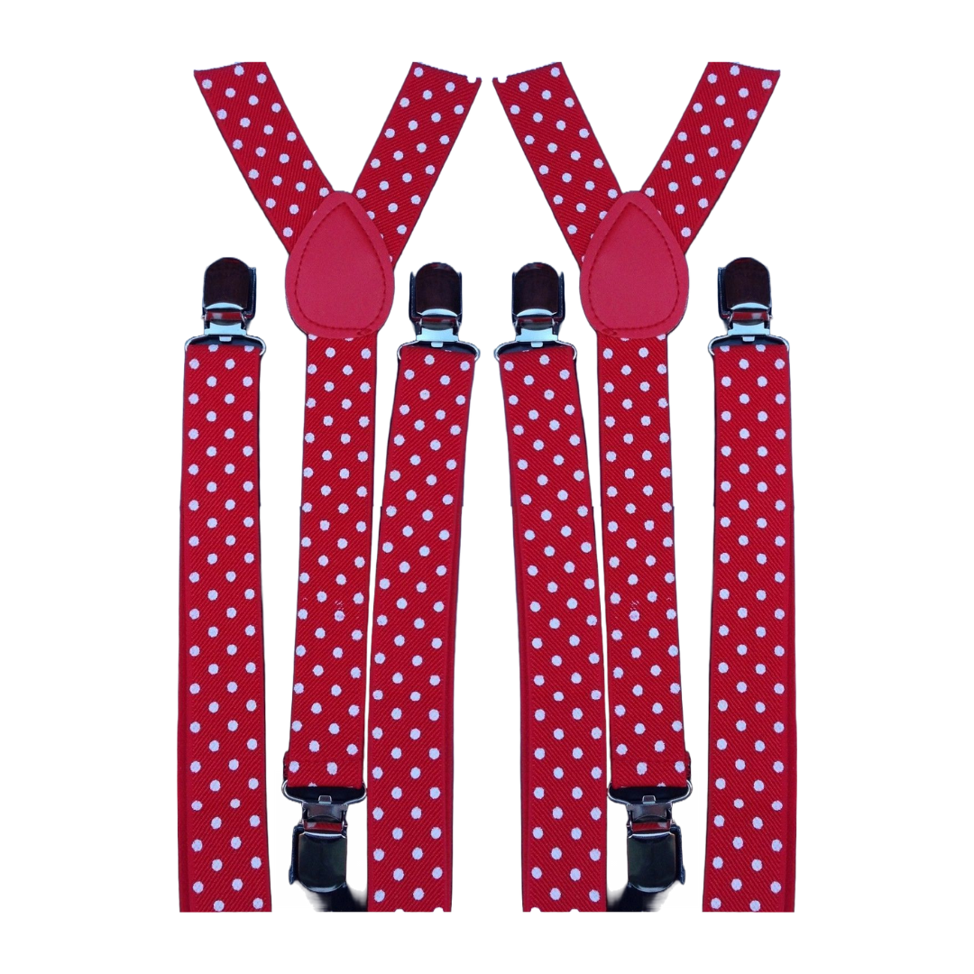 2x Mens Suspenders Braces Adjustable Strong Clip On Elastic Formal Wedding Slim - Red with White Polka Dot Secondary image