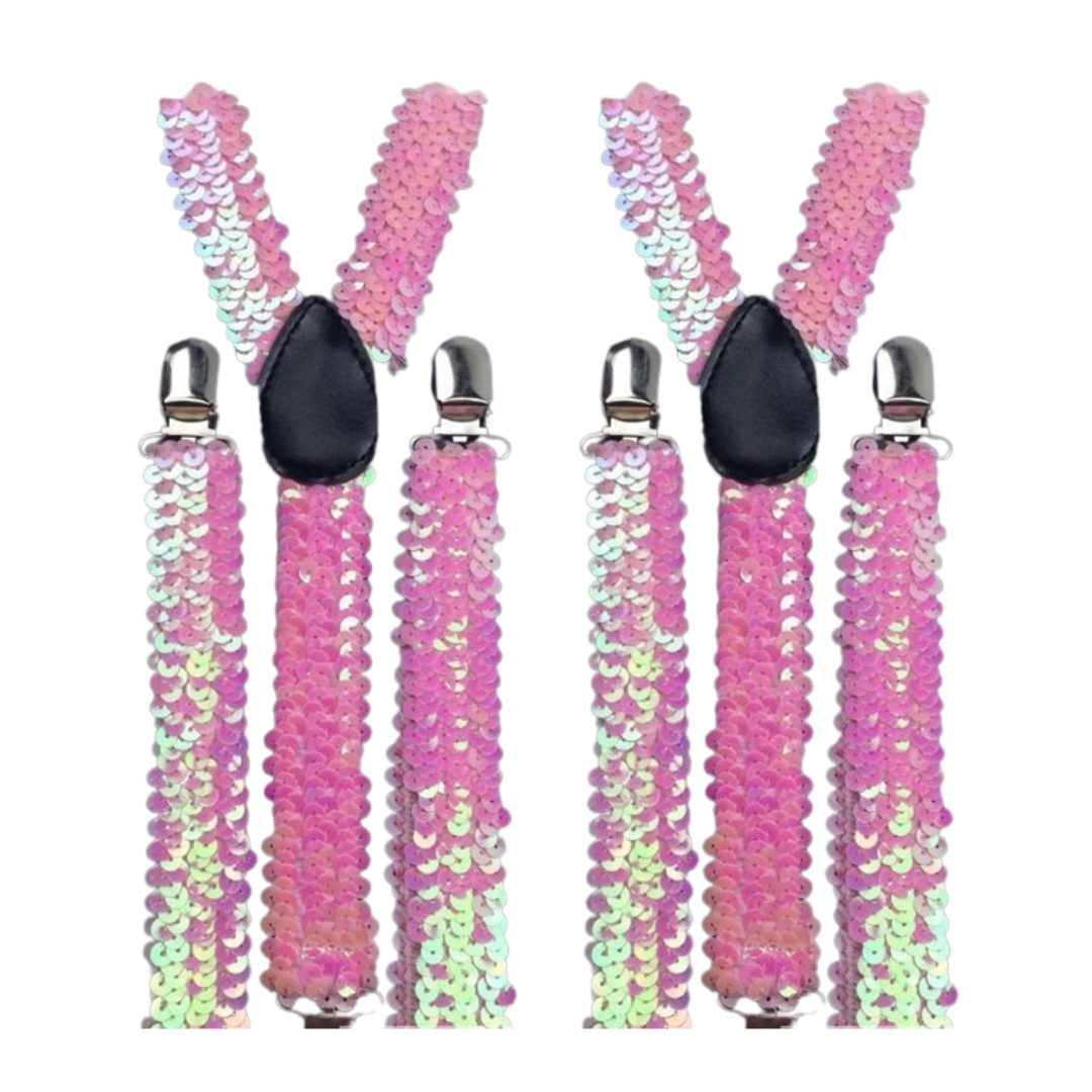 2x Mens Suspenders Braces Adjustable Strong Clip On Elastic Formal Wedding Slim - Light Pink (Sequin) Main image