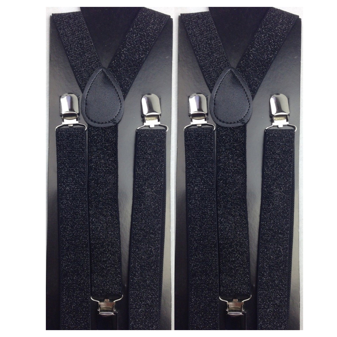 2x Mens Suspenders Braces Adjustable Strong Clip On Elastic Formal Wedding Slim - Black (Glitter) Secondary image