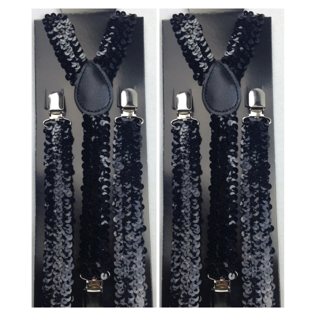 2x Mens Suspenders Braces Adjustable Strong Clip On Elastic Formal Wedding Slim - Black (Sequin) Main image