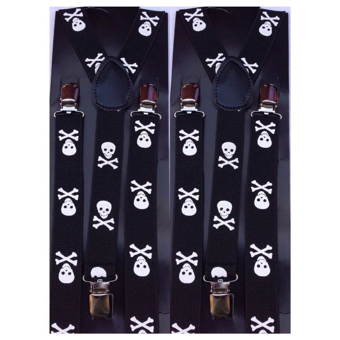 2x Mens Suspenders Braces Adjustable Strong Clip On Elastic Formal Wedding Slim - Black with White Skulls Main image