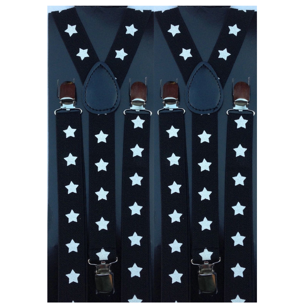 2x Mens Suspenders Braces Adjustable Strong Clip On Elastic Formal Wedding Slim - Black with White Stars Main image