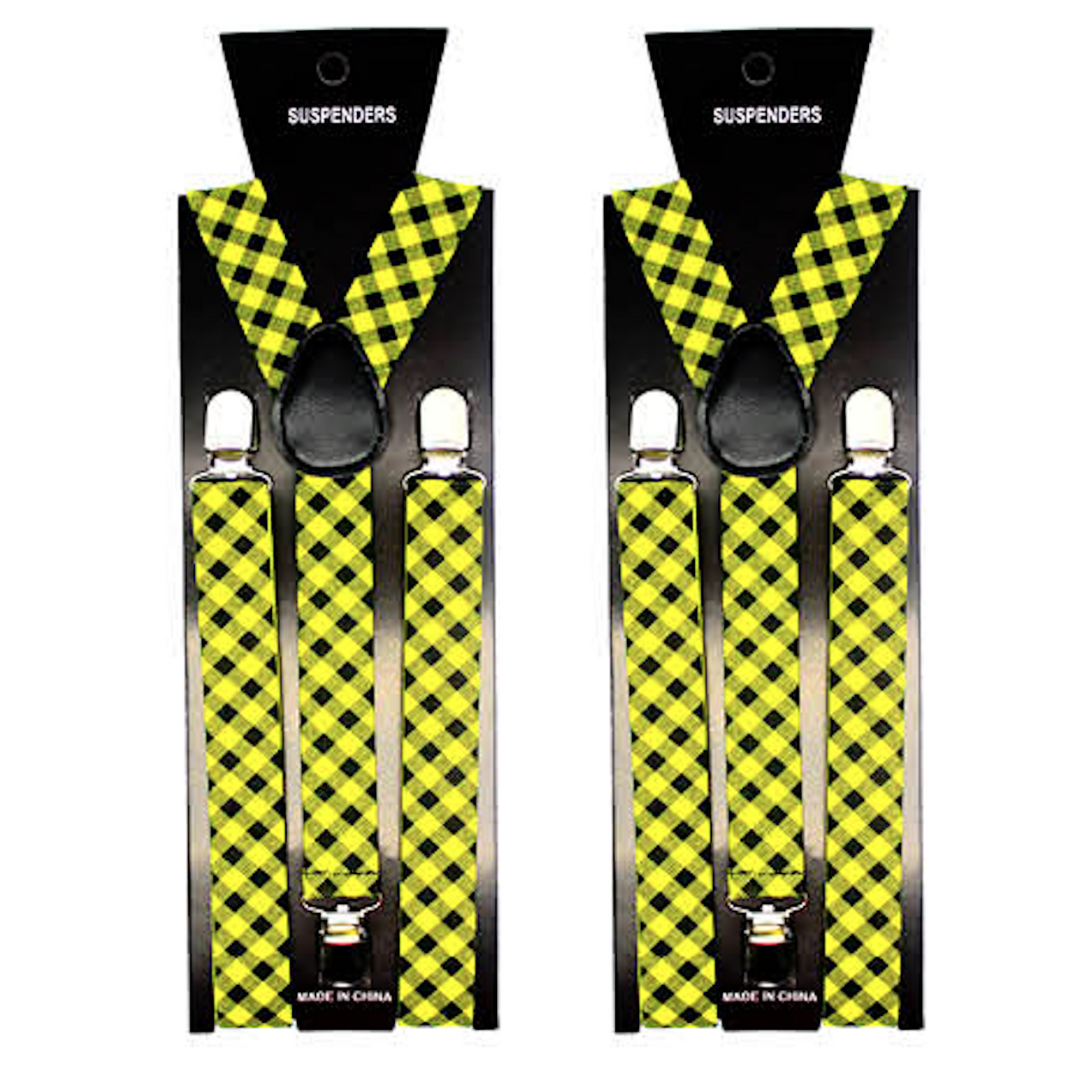 2x Mens Suspenders Braces Adjustable Strong Clip On Elastic Formal Wedding Slim - Black/Yellow Check Main image