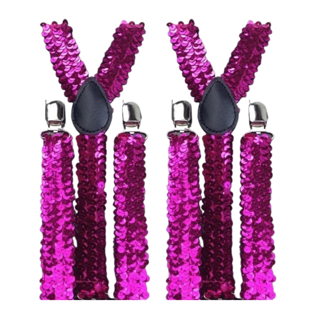 2x Mens Suspenders Braces Adjustable Strong Clip On Elastic Formal Wedding Slim - Hot Pink (Sequin) Secondary image