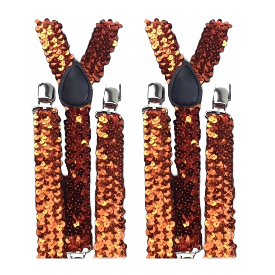 2x Mens Suspenders Braces Adjustable Strong Clip On Elastic Formal Wedding Slim - Orange (Sequin) Main image
