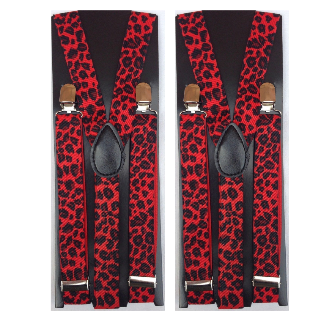 2x Mens Suspenders Braces Adjustable Strong Clip On Elastic Formal Wedding Slim - Red Leopard Secondary image