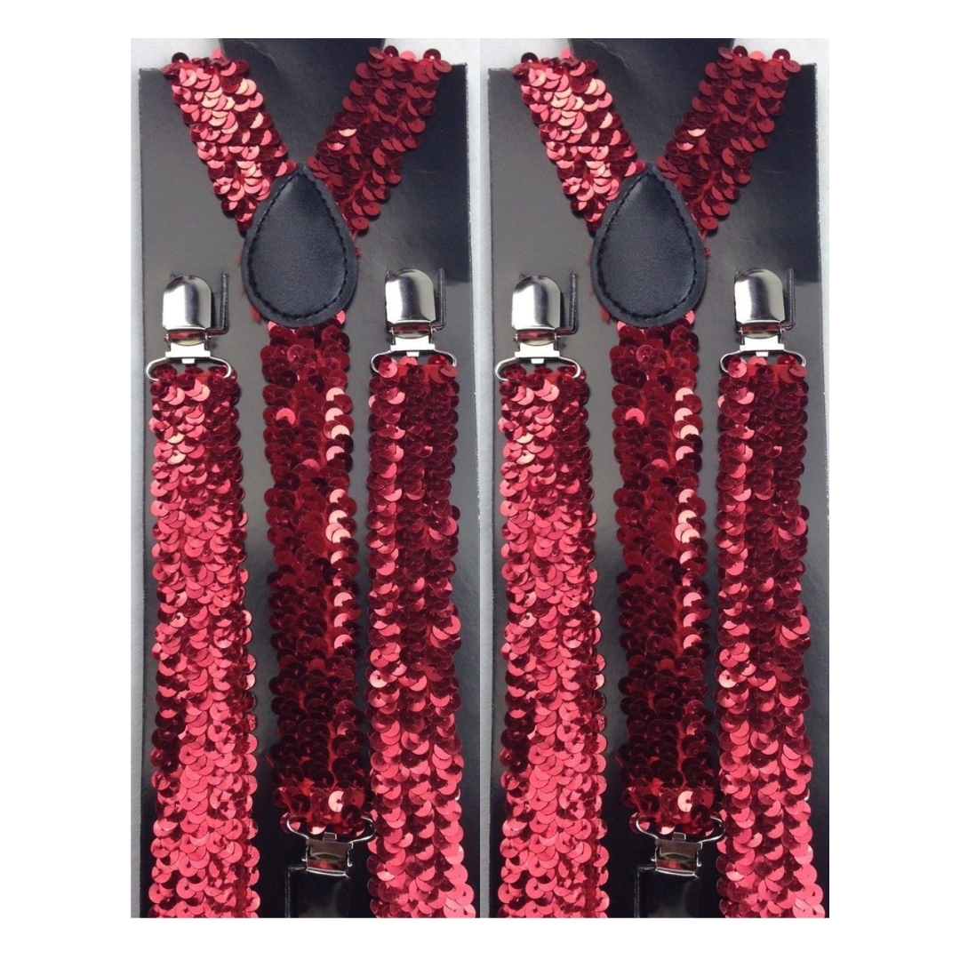 2x Mens Suspenders Braces Adjustable Strong Clip On Elastic Formal Wedding Slim - Red (Sequin) Secondary image