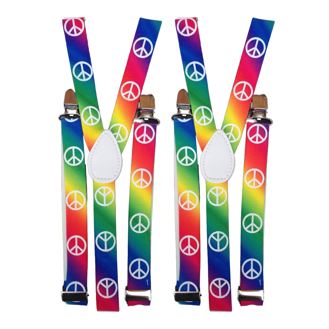2x Mens Suspenders Braces Adjustable Strong Clip On Elastic Formal Wedding Slim - Rainbow with Peace Symbol Main image