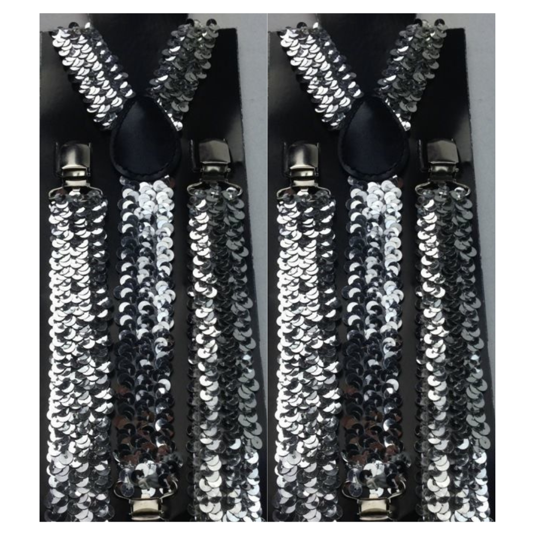 2x Mens Suspenders Braces Adjustable Strong Clip On Elastic Formal Wedding Slim - Silver (Sequin) Secondary image