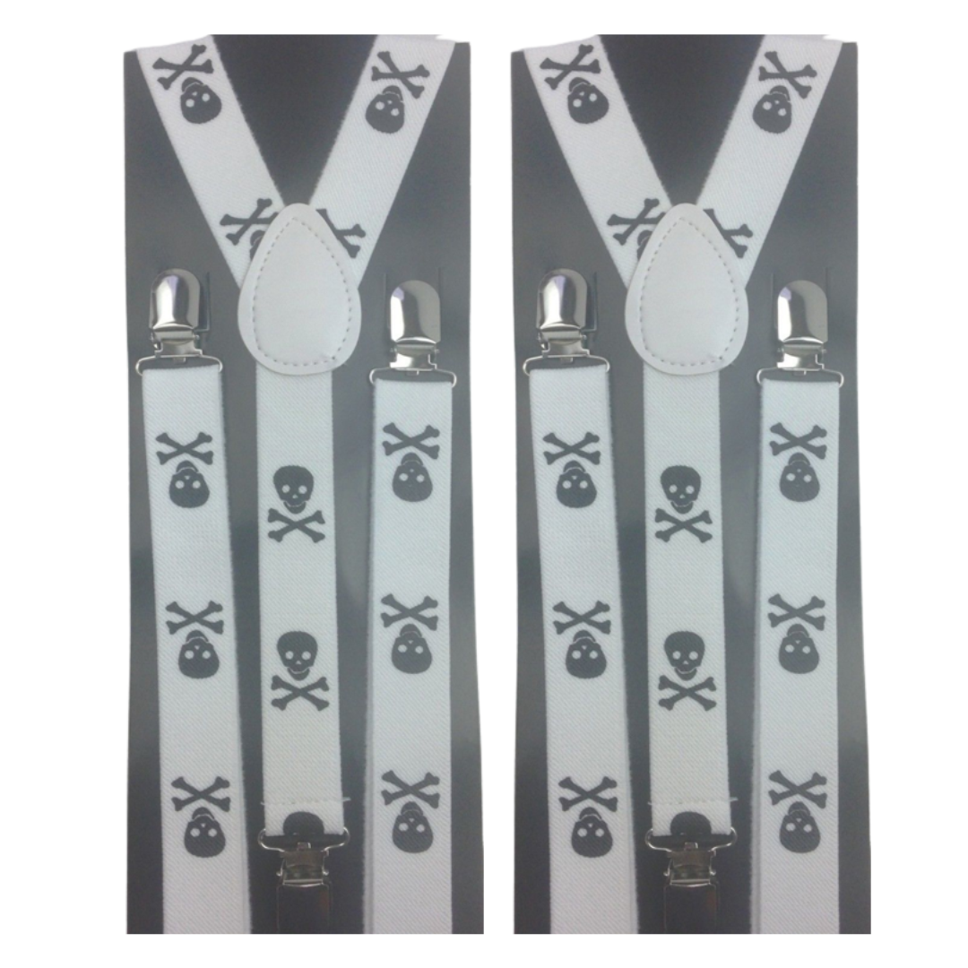 2x Mens Suspenders Braces Adjustable Strong Clip On Elastic Formal Wedding Slim - White with Black Skulls Secondary image