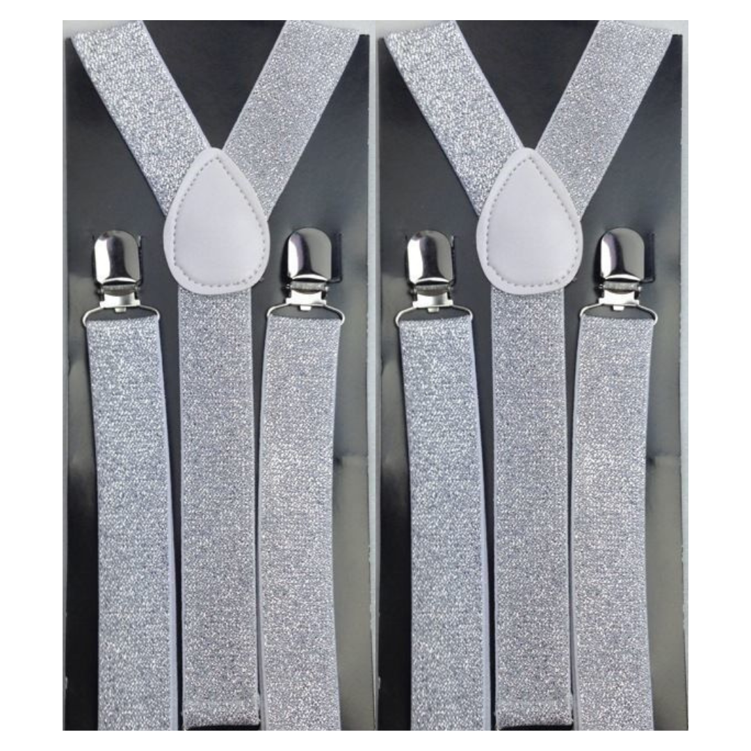 2x Mens Suspenders Braces Adjustable Strong Clip On Elastic Formal Wedding Slim - White (Glitter) Main image
