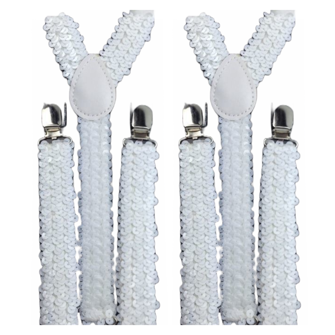 2x Mens Suspenders Braces Adjustable Strong Clip On Elastic Formal Wedding Slim - White (Sequin) Secondary image