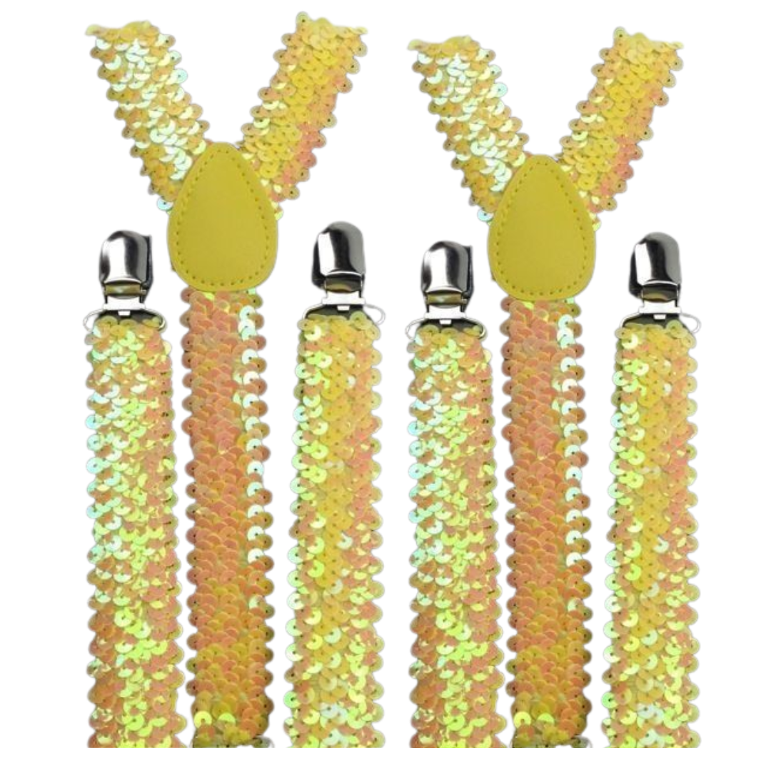 2x Mens Suspenders Braces Adjustable Strong Clip On Elastic Formal Wedding Slim - Yellow (Sequin) Main image