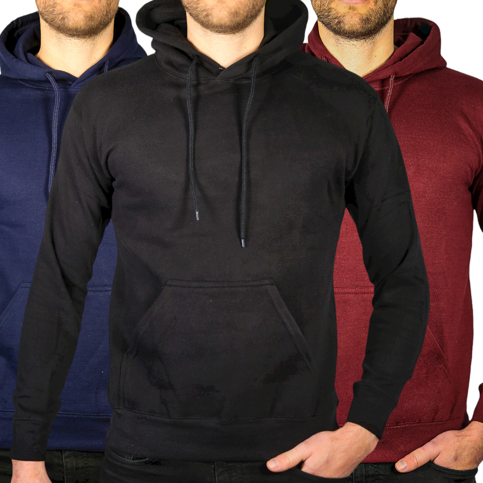 3x Adult Mens 100% Cotton Fleece Hoodie Jumper Pullover Sweater Warm Sweatshirt - L Main image