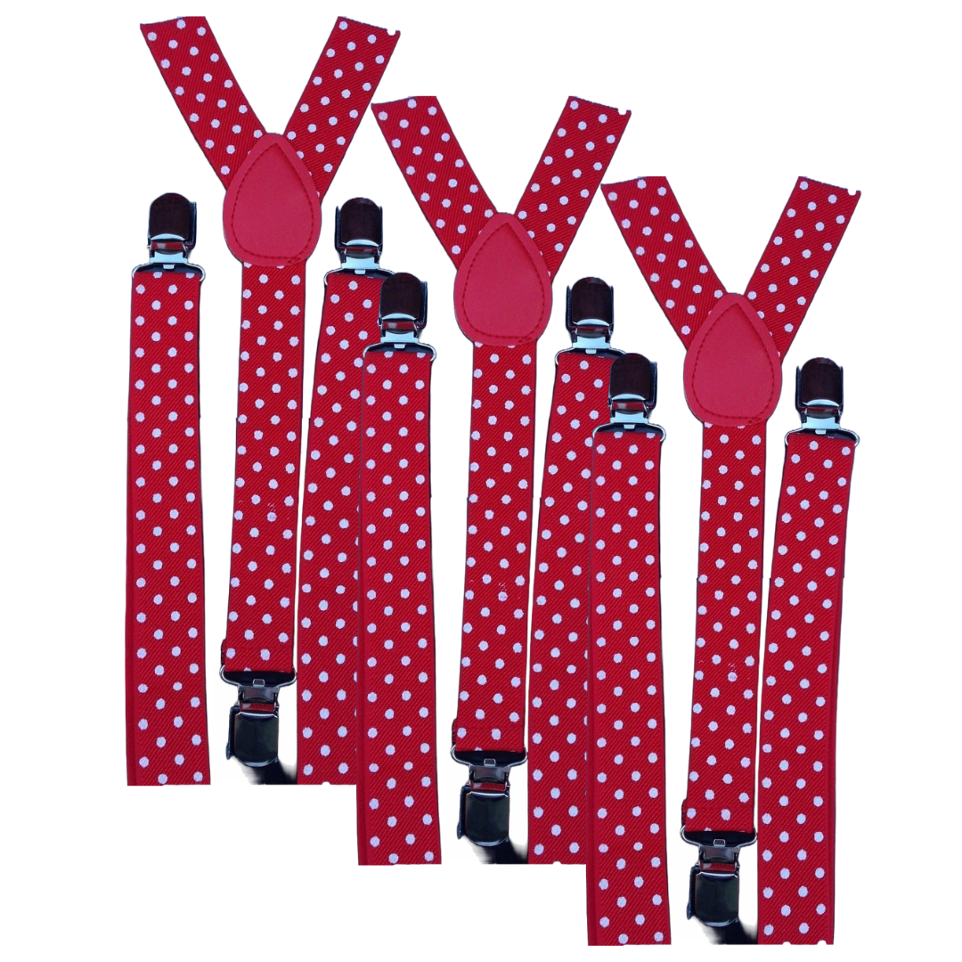3x Mens Suspenders Braces Adjustable Strong Clip On Elastic Formal Wedding Slim - Red with White Polka Dot Secondary image