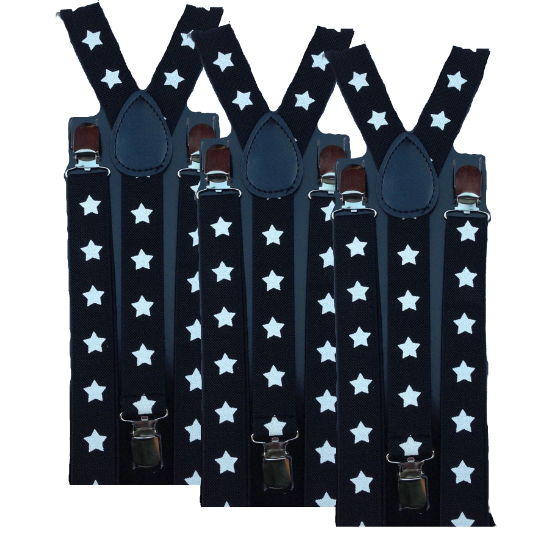3x Mens Suspenders Braces Adjustable Strong Clip On Elastic Formal Wedding Slim - Black with White Stars Secondary image