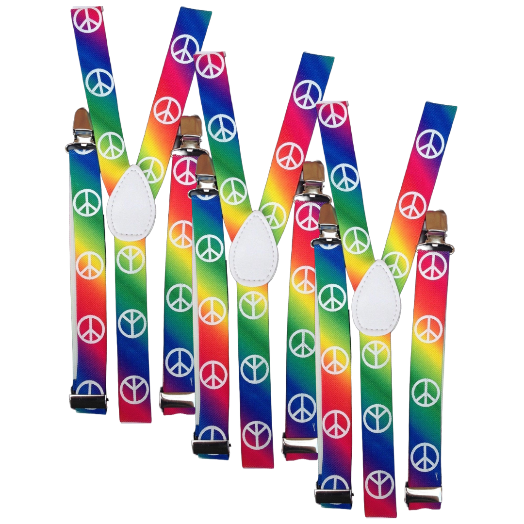 3x Mens Suspenders Braces Adjustable Strong Clip On Elastic Formal Wedding Slim - Rainbow with Peace Symbol Main image