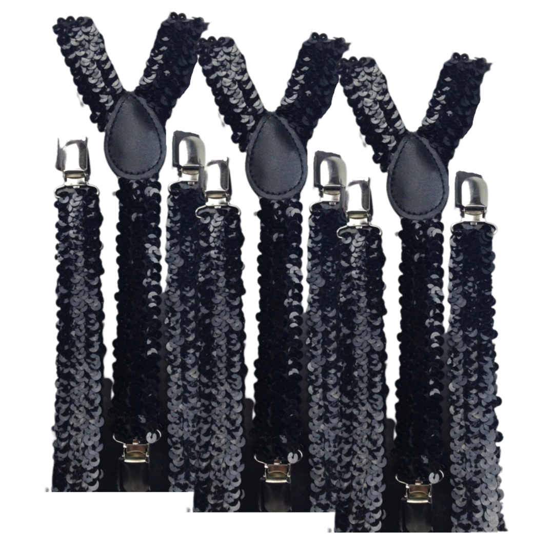 3x Mens Suspenders Braces Adjustable Strong Clip On Elastic Formal Wedding Slim - Black (Sequin) Secondary image