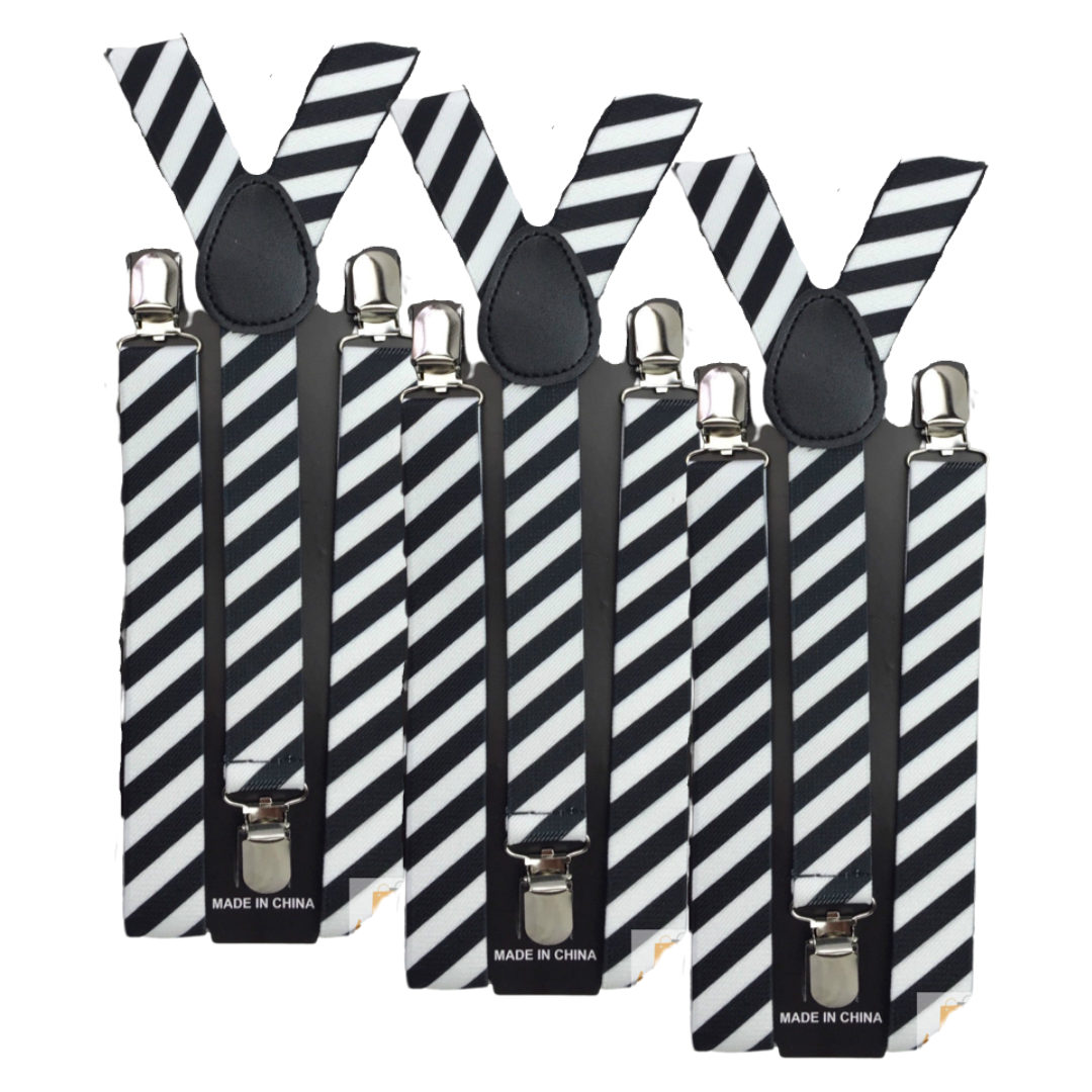 3x Mens Suspenders Braces Adjustable Strong Clip On Elastic Formal Wedding Slim - Black/White Diagonal Stripes Main image