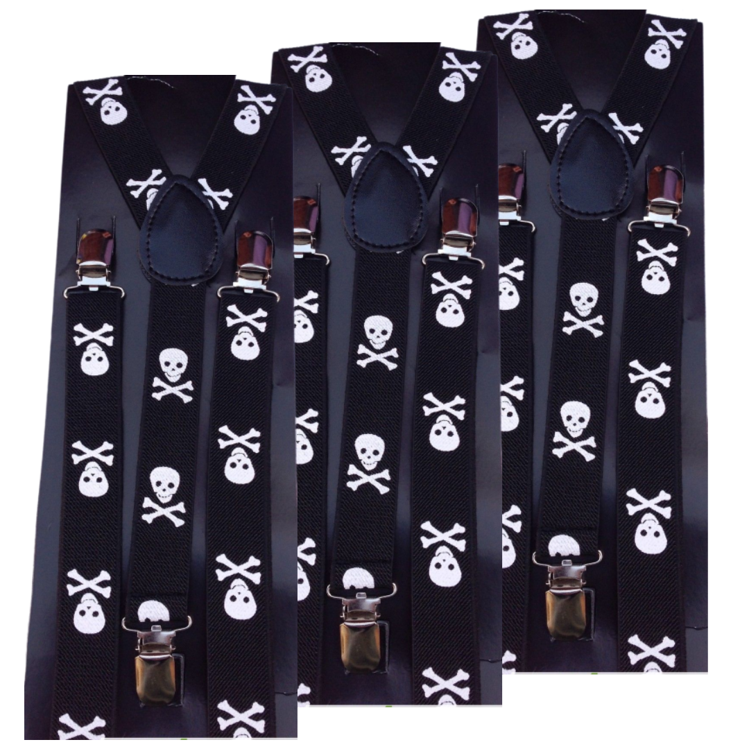 3x Mens Suspenders Braces Adjustable Strong Clip On Elastic Formal Wedding Slim - Black with White Skulls Secondary image