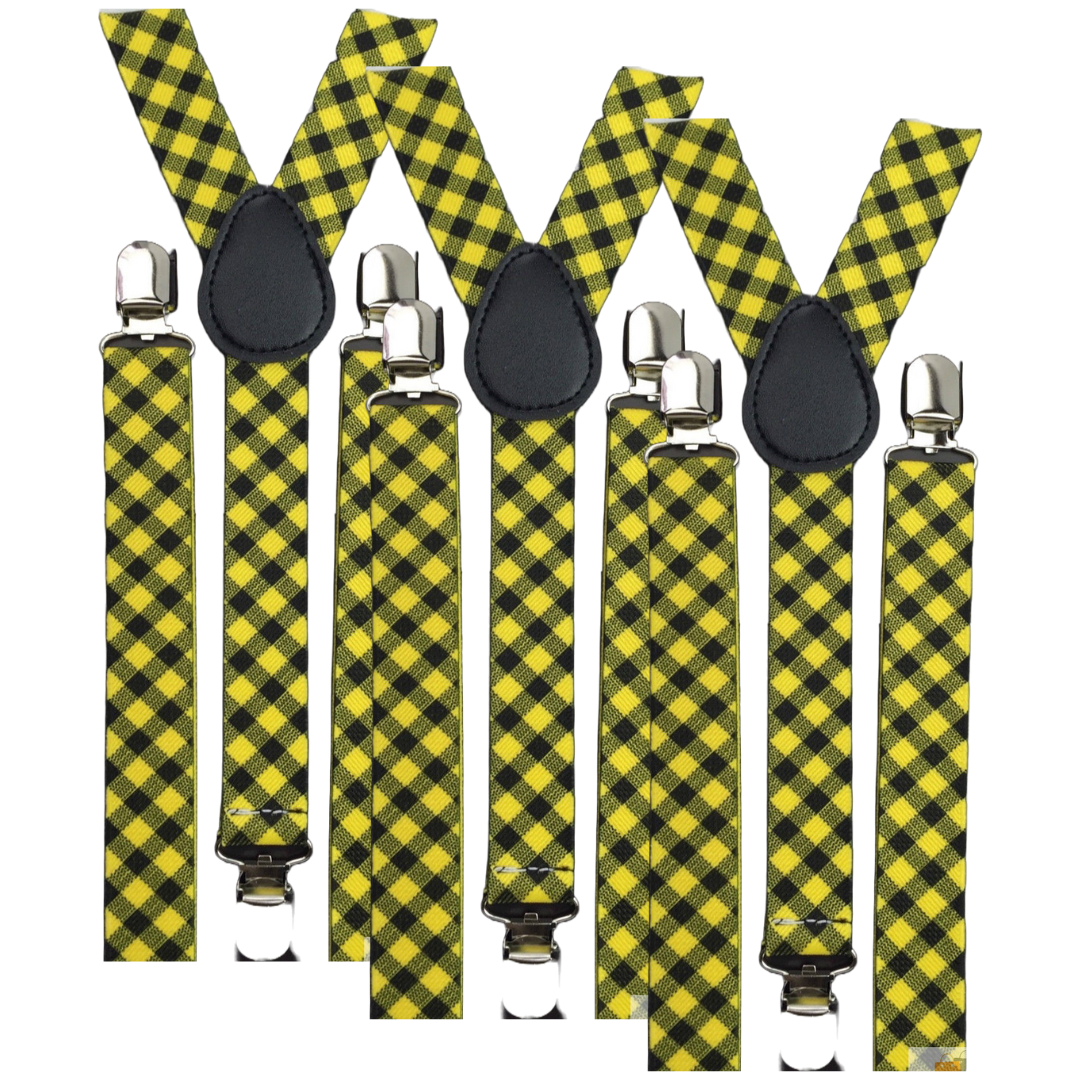 3x Mens Slim Suspenders Braces Adjustable Clip On - Black/Yellow Check Main image